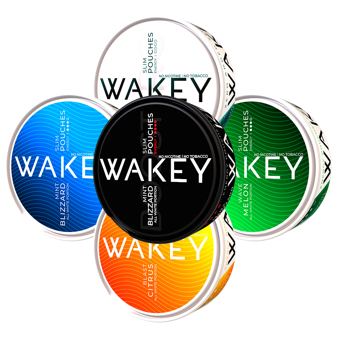Wakey Energy Pouches pakke med alle smage, af nikotinfrie poser med koffein som hjælper til snusstop