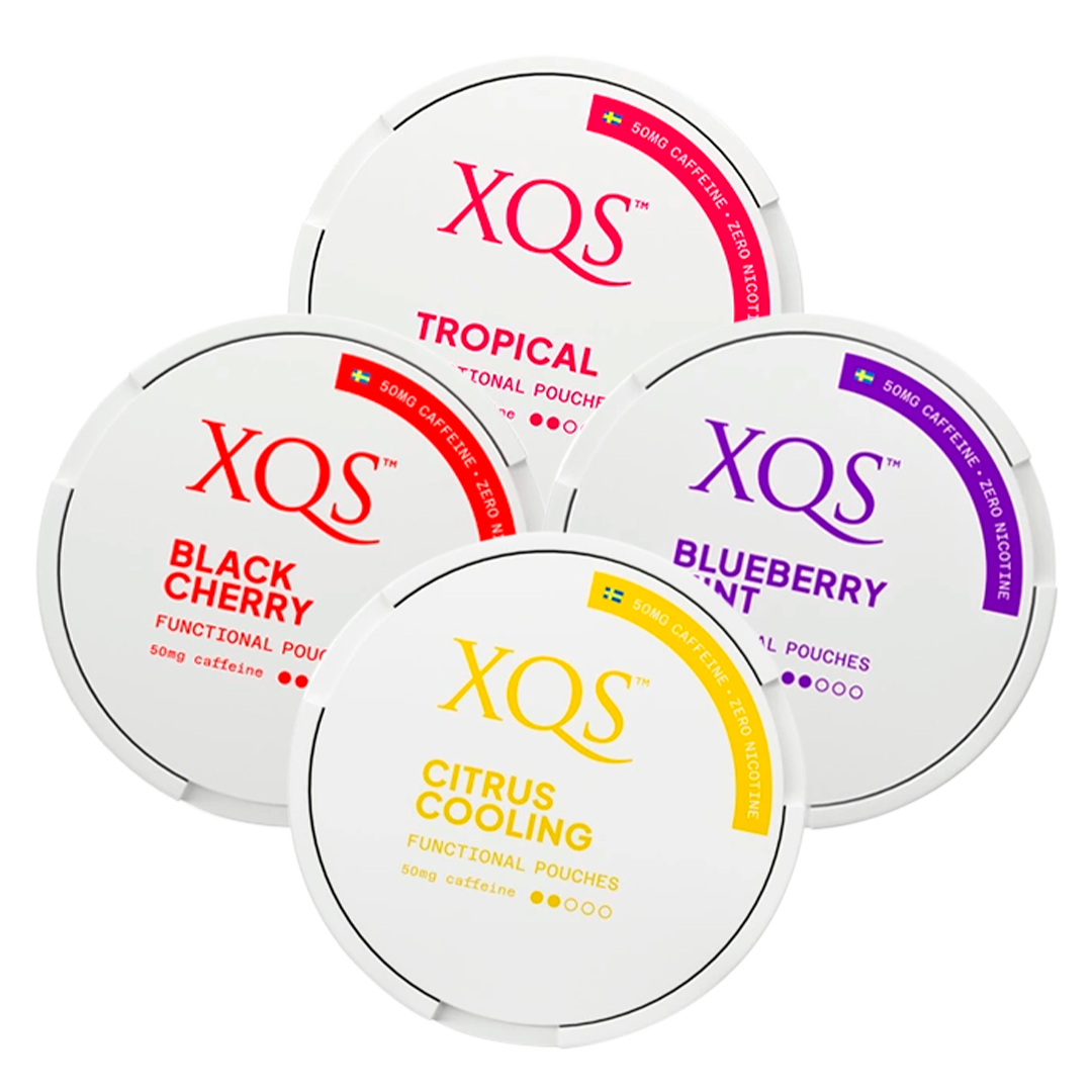 XQS Functional Energy Pouches pakke med alle varianter, nikotinfrie poser med koffein som hjælper til snusstop